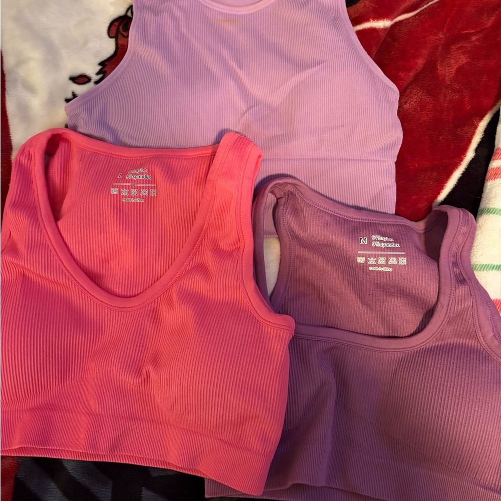 Set of Three Ribbed Crop Tops in Pink and Purple